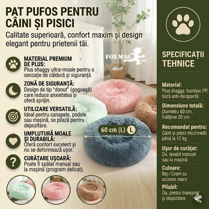 Pat pufos pentru Caini si Pisici, 60 cm, Verde deschis