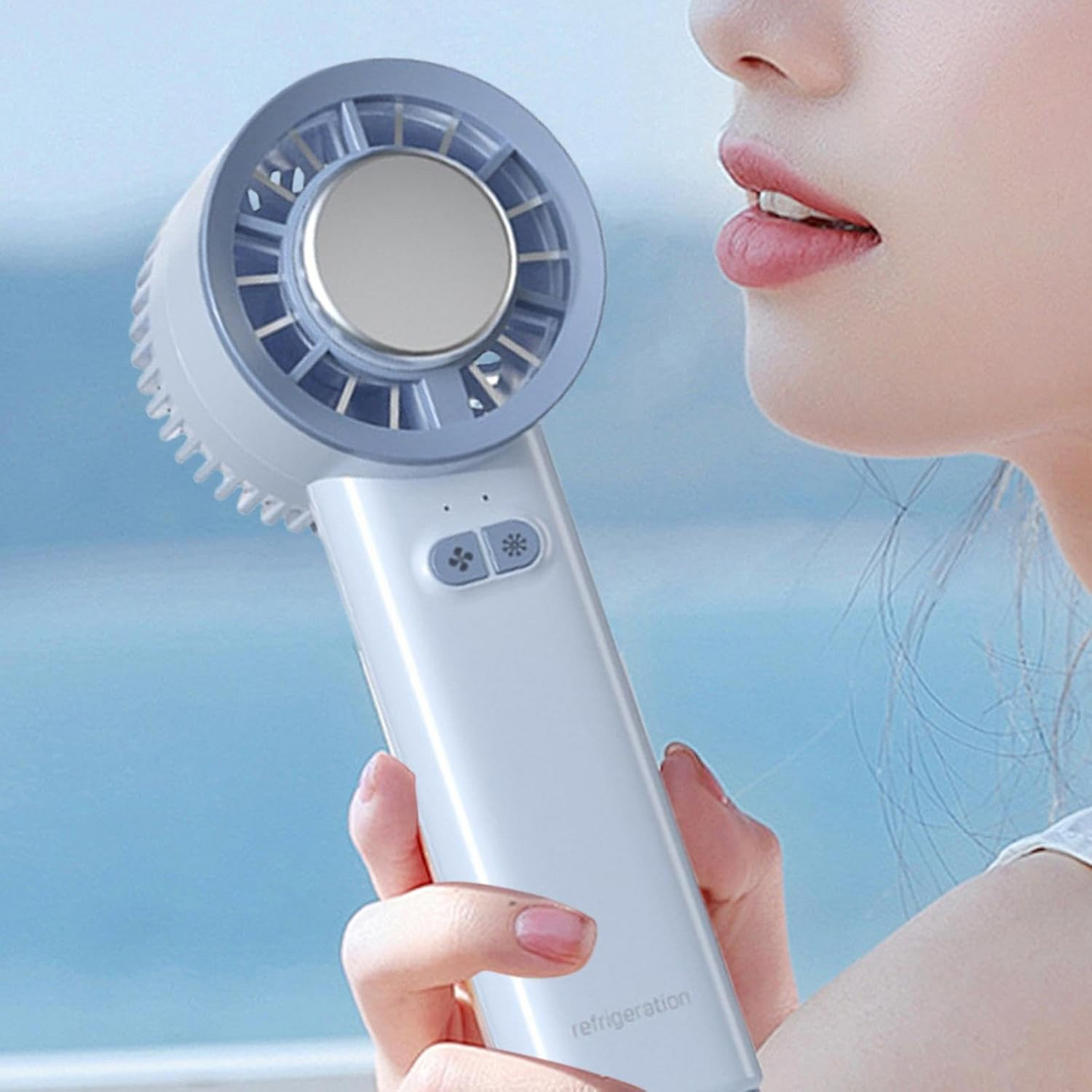 Ventilator portabil de mână cu funcție de răcire, reîncărcabil USB, mini ventilator compact pentru călătorii și birou, albastru