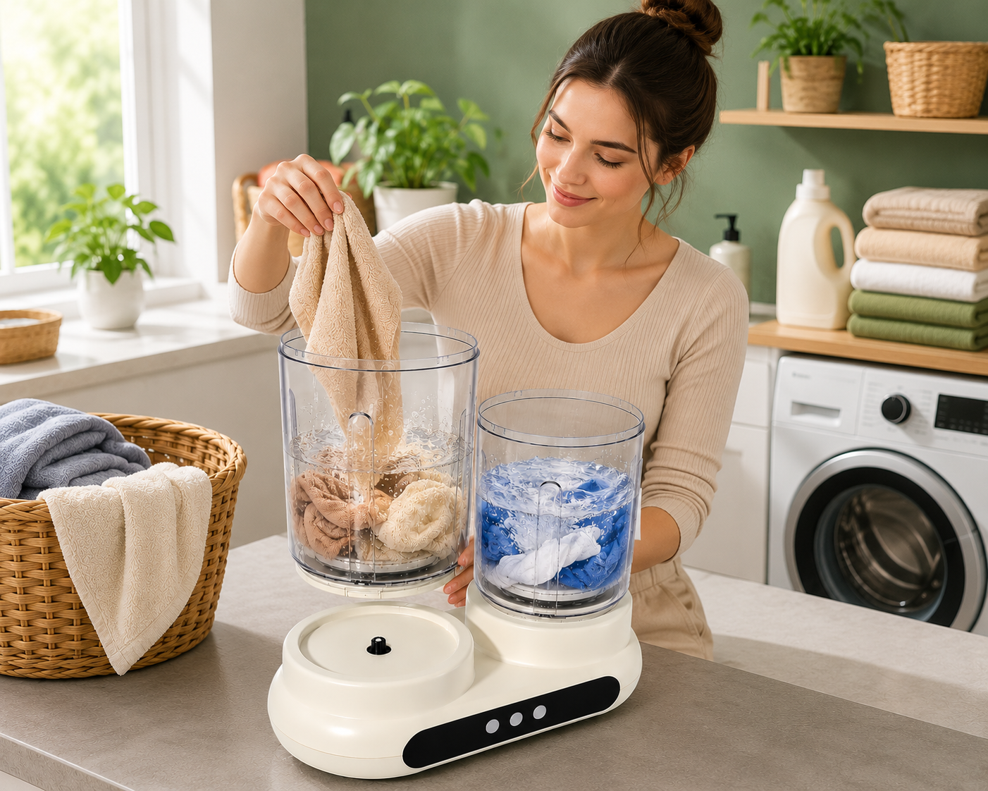 Mini masina de spalat portabila, cu dublu tambur, capacitate 3L (2x1.5L), complet automata, pentru lenjerie si sosete, afisaj LED, compacta, alb/transparent