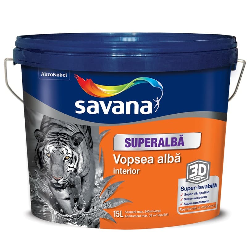 Vopsea superlavabila interior, 15 L, alb intens Savana, super alb