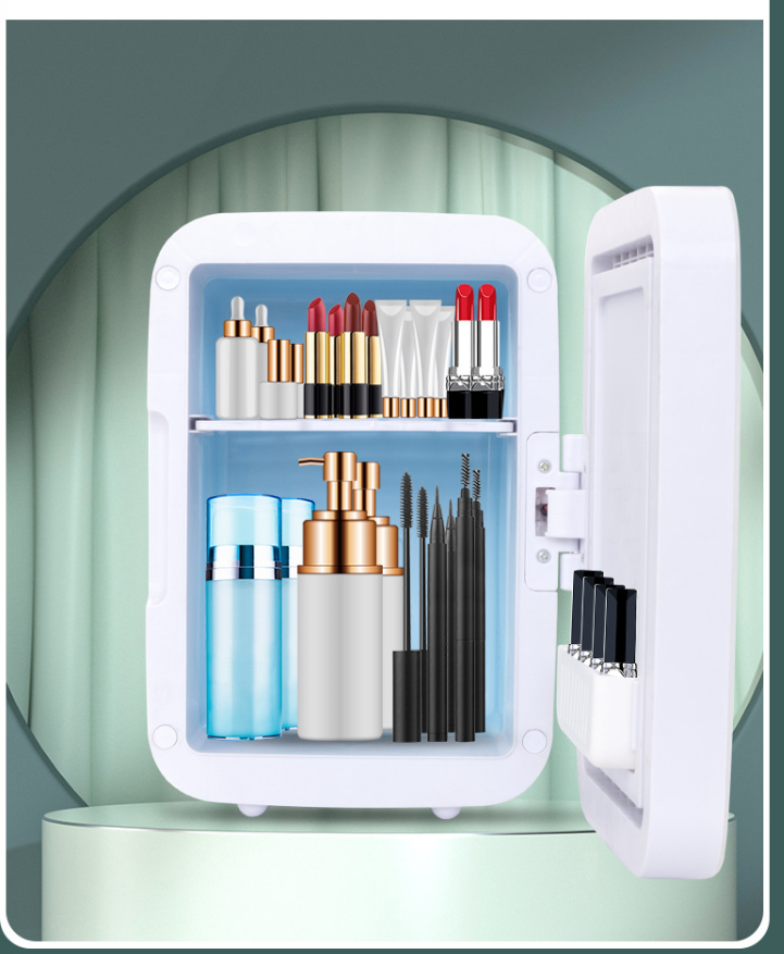 Frigider portabil mini pentru cosmetice, pentru depozitarea produselor de îngrijire, capacitate 4L, cu oglinda, alb