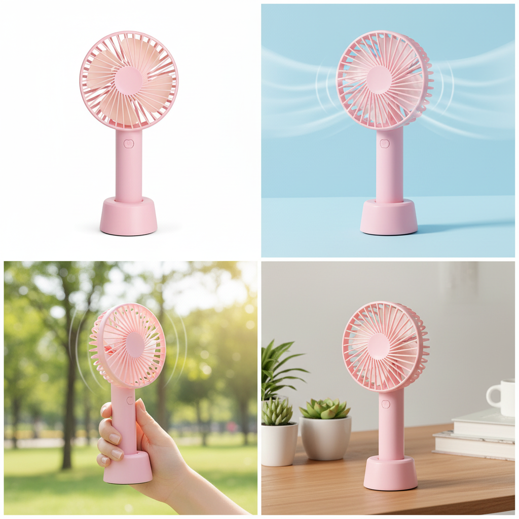 Ventilator portabil USB de mână, roz, cu suport, 3 trepte de viteză, reîncărcabil prin cablu USB, roz