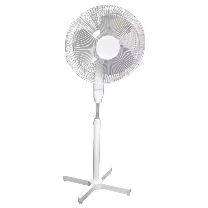 Ventilator cu picior de 16 inch, echipat cu trei palete și o grilă de protecție, 40W, trei trepte de viteză, bază în formă de cruce pentru stabilitate, alb