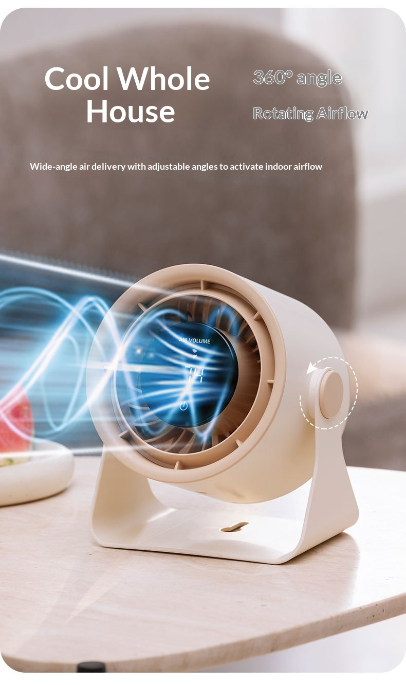 Ventilator de birou și de perete cu viteze reglabile, cu afișaj digital, lumină ambientală, 5 viteze, portabil, crem