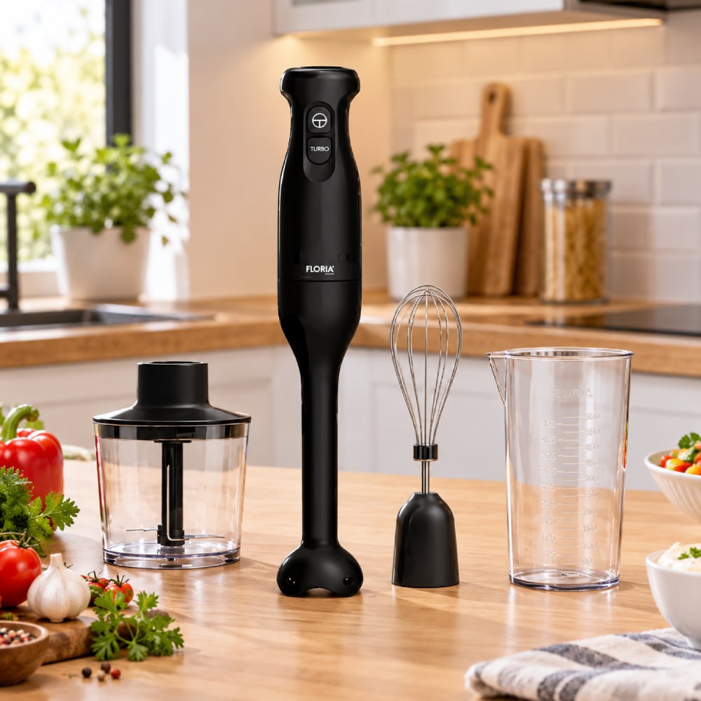 Set blender de mana 4 in 1 cu putere 300W, 2 viteze, tocator si cana 500 ml