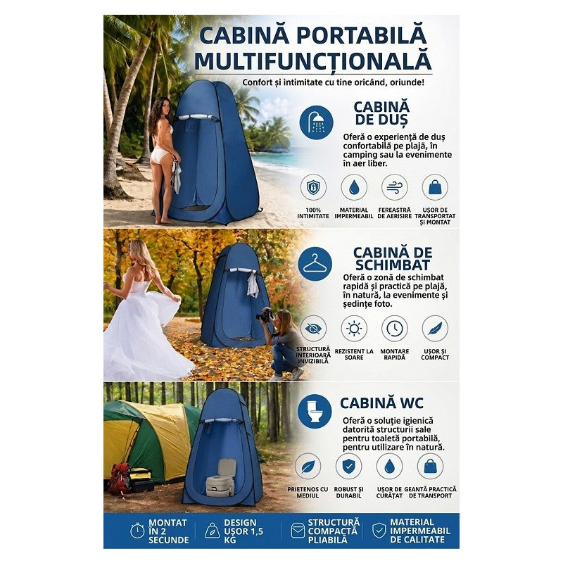 Cort pliabil impermeabil pentru dus sau toaleta 120x120x190cm albastru
