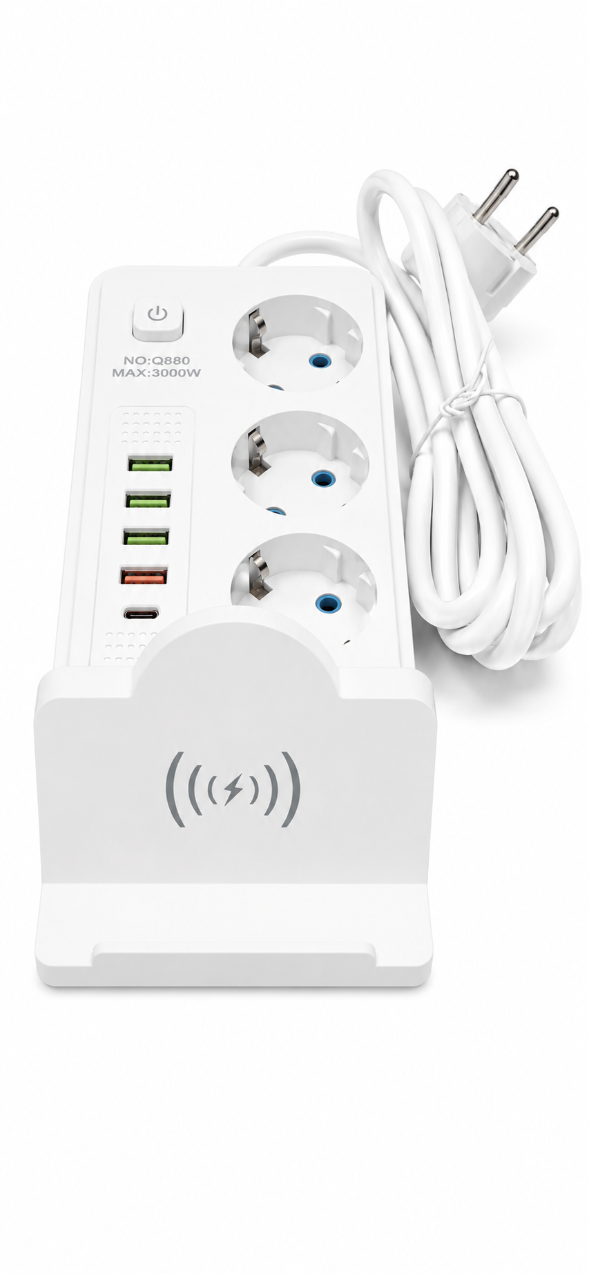 Prelungitor 9 in 1 cu 3 prize, 5 porturi USB si incarcare wireless, cablu 1.85 m, alb