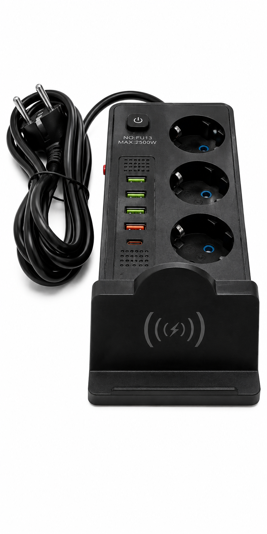 Prelungitor 9 in 1 cu 3 prize, 5 porturi USB si incarcare wireless, cablu 1.85 m, negru