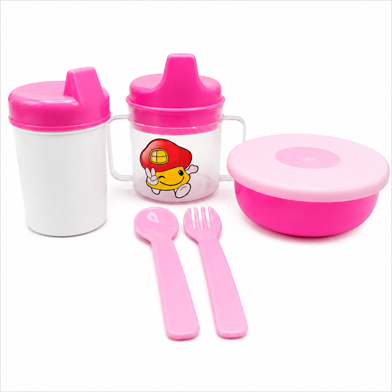 Set hranire copii 6 piese din plastic, culoare roz, ergonomic si usor de intretinut
