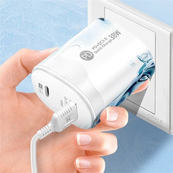 Adaptor pentru incarcator, 38W, 2 porturi, 1 USB + 1 tip C, incarcare rapida, USB pentru telefon mobil, alb