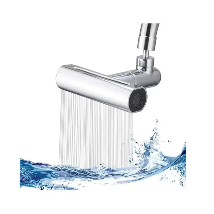 Aerator pentru robinet, 4 moduri de dispersie a apei, rotire 360 grade, brat rotativ, 13x12.5cm, argintiu
