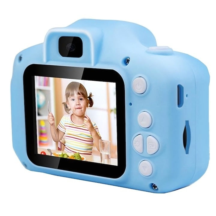 Aparat foto pentru copii, ecran 2 inch, 12 MP, rezolutie 1080P, HD, peste 2000 de fotografii, 2 ore videoclip, incarcare USB, albastru
