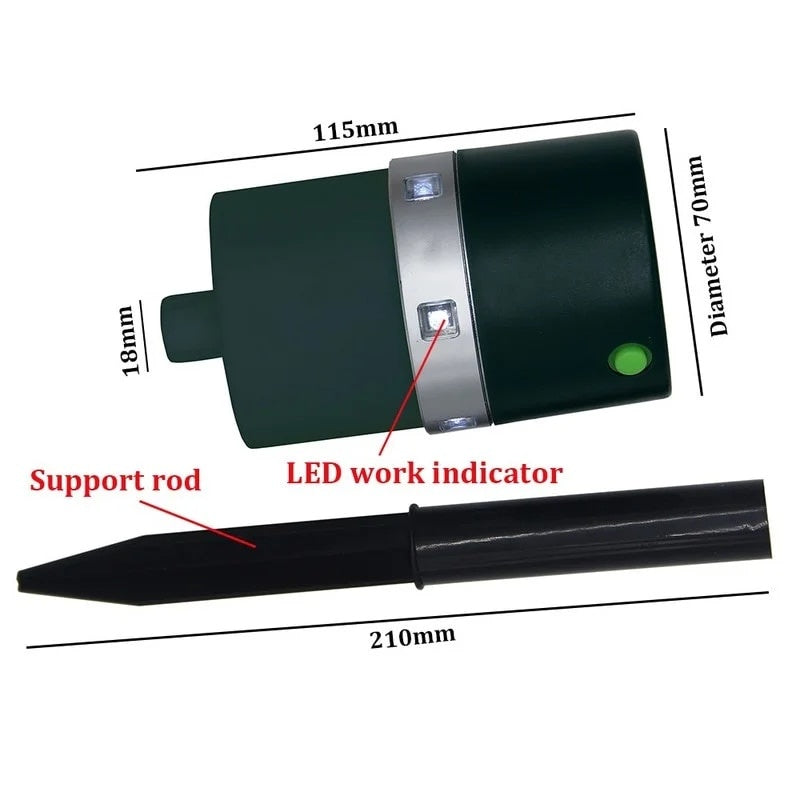 Aparat solar impotriva daunatorilor, cu ultrasunete, lumina LED, pentru gradina, cu tarus, buton on/off, verde