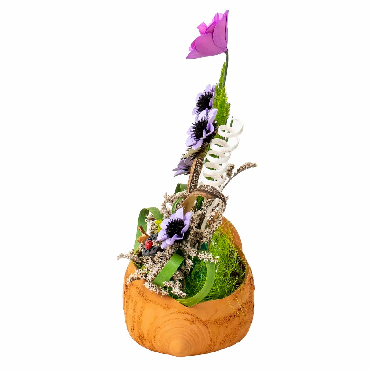 Aranjament cu ulcior mare si flori stabilizate multicolor, 33 cm