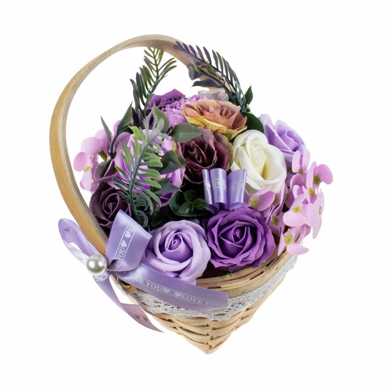 Aranjament floral cu trandafiri multicolori din sapun in cos lemn, parfum delicat