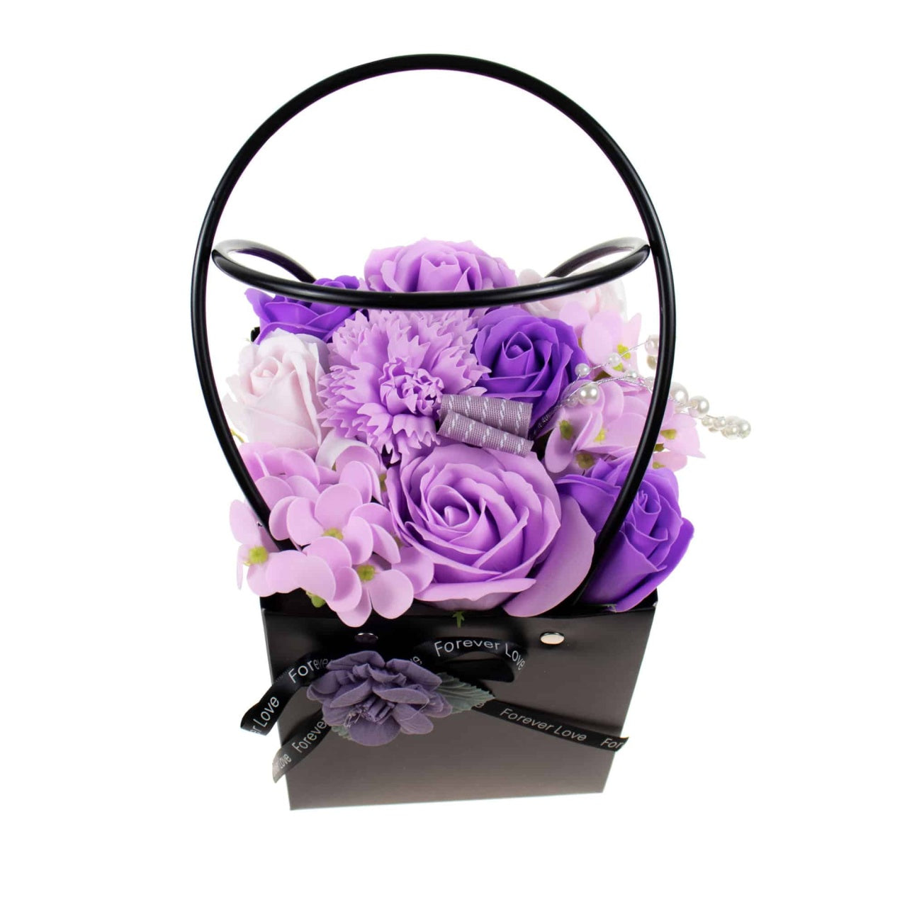 Aranjament floral cu trandafiri multicolori din sapun, mov si lila, sacosa cadou