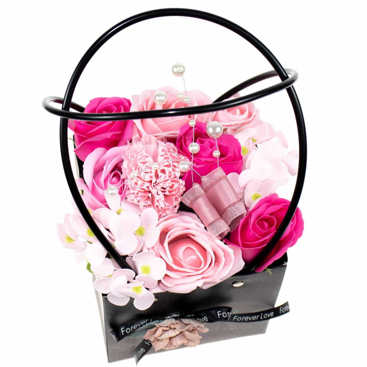 Aranjament floral cu trandafiri multicolori din sapun, sacosa cadou cu hortensii si perle