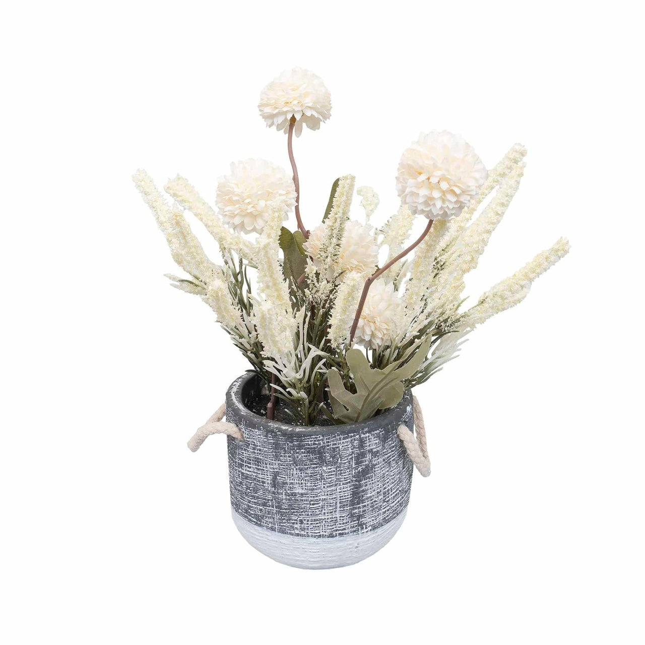 Aranjament floral in ghiveci ceramica cu crizantema si lavanda, H27 cm, alb