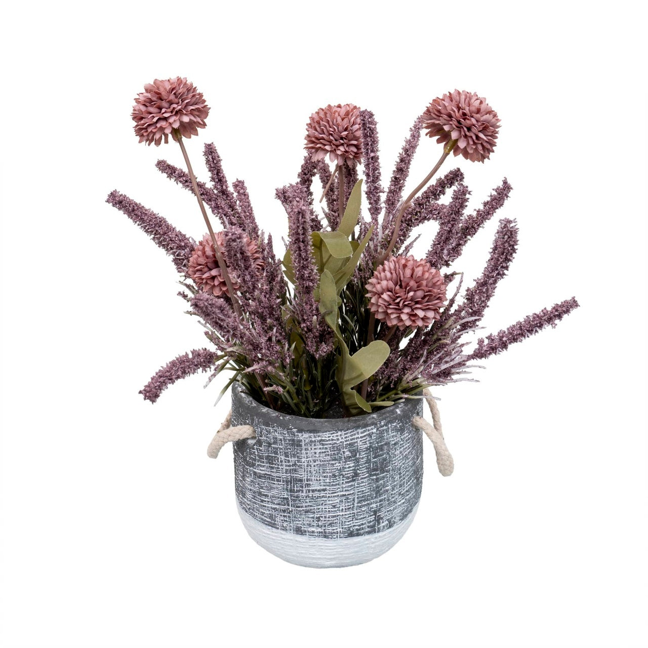 Aranjament floral in ghiveci ceramica cu crizantema si lavanda mov, H27 cm