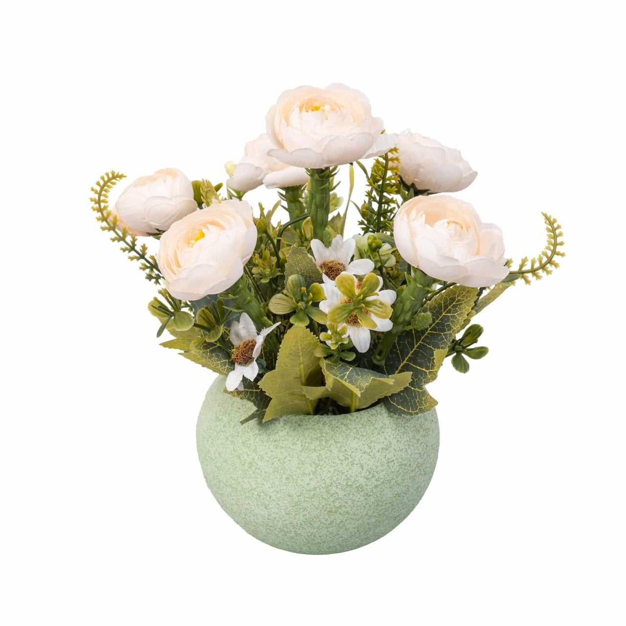 Aranjament floral trandafiri in ghiveci ceramica verde, H 20 cm