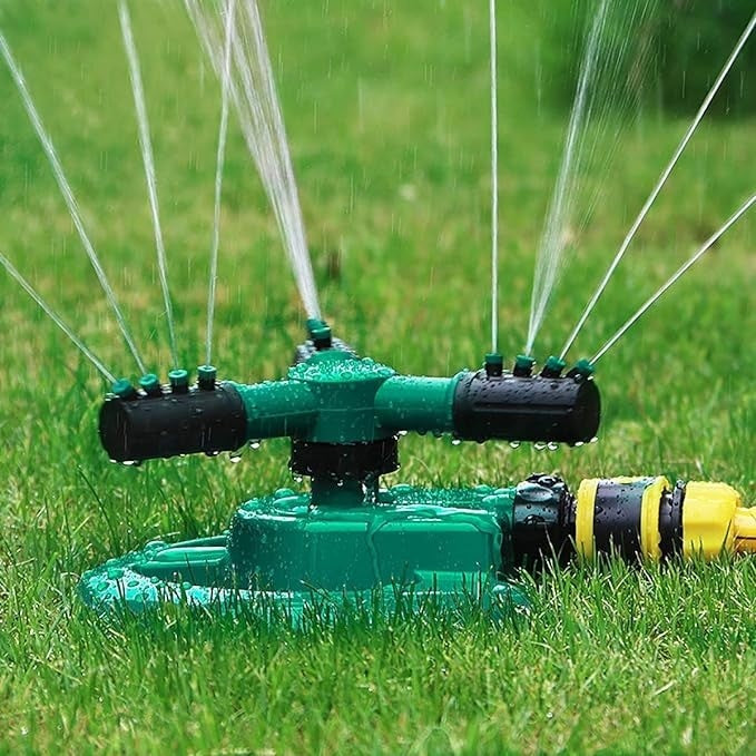Aspersor de gradina, sistem automat de stropire cu apa, rotativa la 360°, cu 3 brate, din plastic, verde/negru