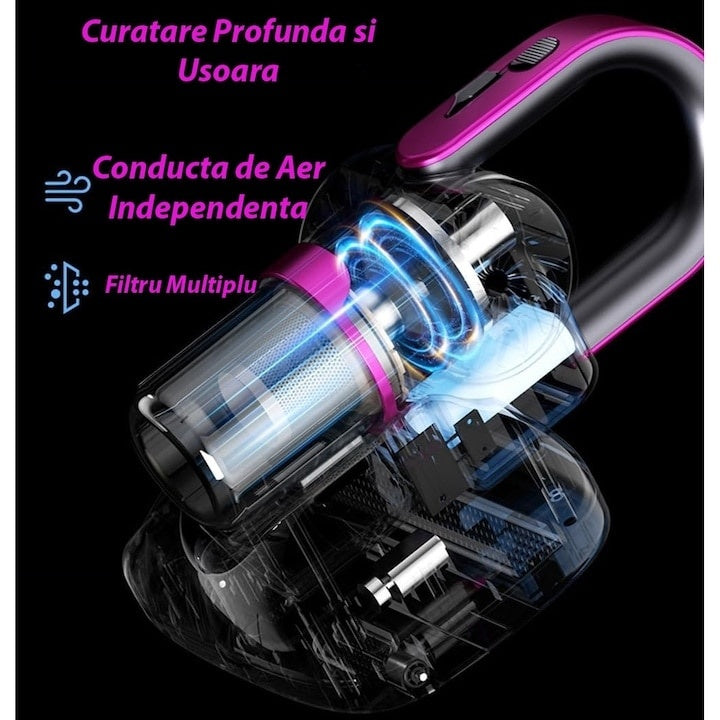 Aspirator vertical, fara fir, multifunctional, 2 viteze, putere 120 W, curatare praf eficienta, autonomie 30-45 min, cu accesorii pentru canapele si spatii inguste, negru/mov