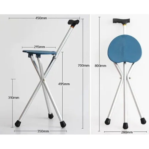 Baston de sprijin, cu scaun pliabil, cu 3 picioare antiderapante, din metal, gri