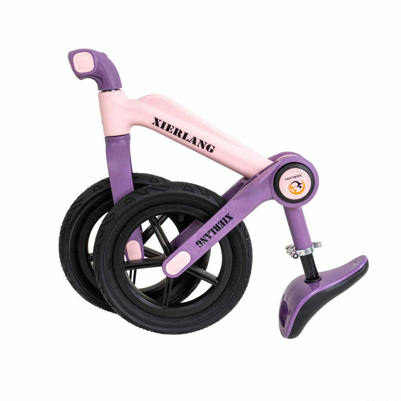 Bicicleta fara pedale pliabila pentru copii, roti cauciuc 12 inch, scaun reglabil roz-lila