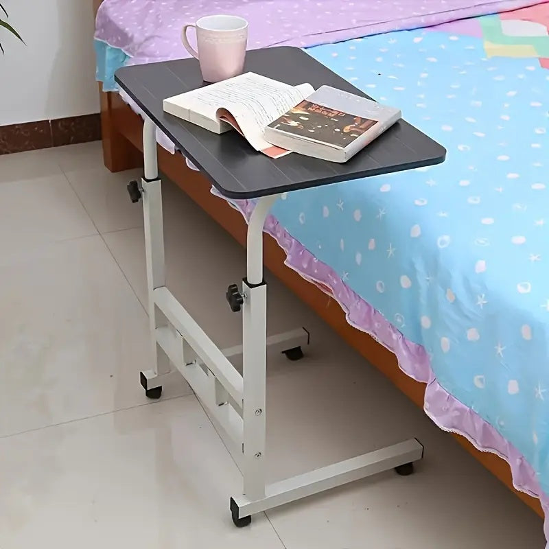 Birou multifuntional cu roti, inaltime reglabila, cadru metalic, blat lemn inchis, dimensiuni 80x40 cm, alb/lemn inchis
