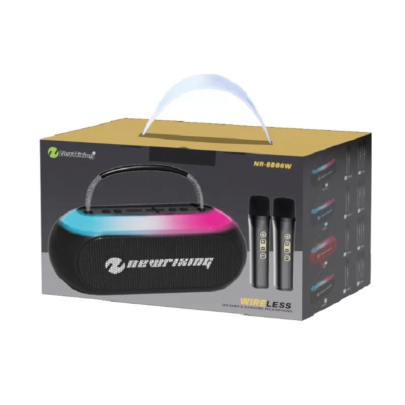 Boxa portabila cu lumini LED si 2 microfoane wireless, sunet puternic