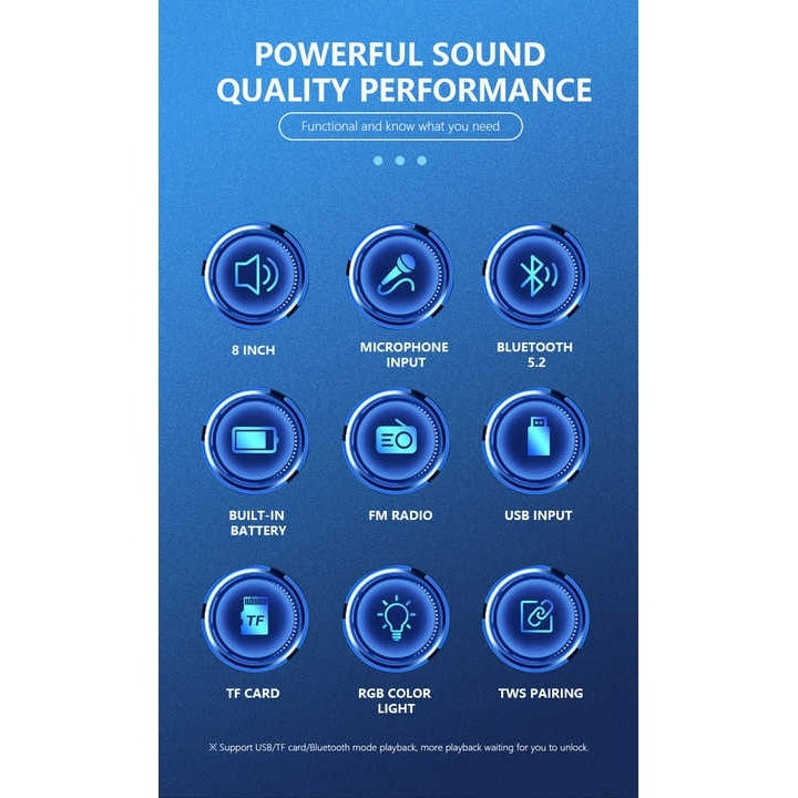 Boxa portabila cu lumini RGB, cu maner, putere 10W, MP3, USB, bluetooth, TF, WIFI, slot microfon, karaoke, acumulator, negru
