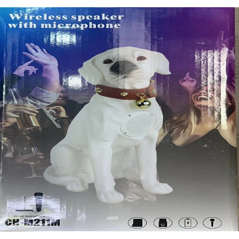 Boxa portabila, in forma de catel labrador, cu bluetooth, cititor card, radio si microfon, inaltime 25 cm, baterie incoroprata, aspect realist, alb