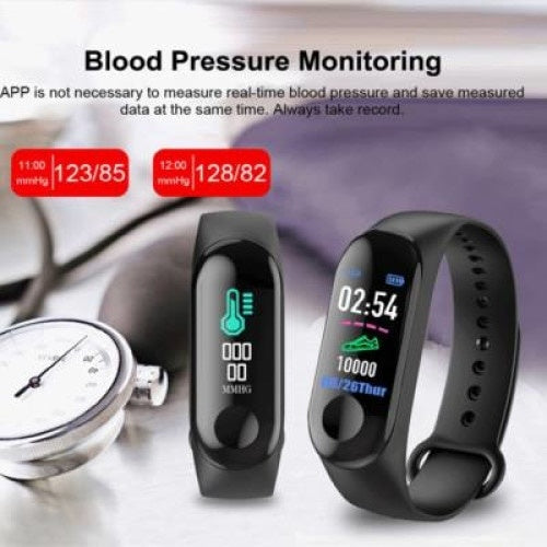 Bratara de fitness Smart M3 cu ritm cardiac si monitor de tensiune arteriala - negru