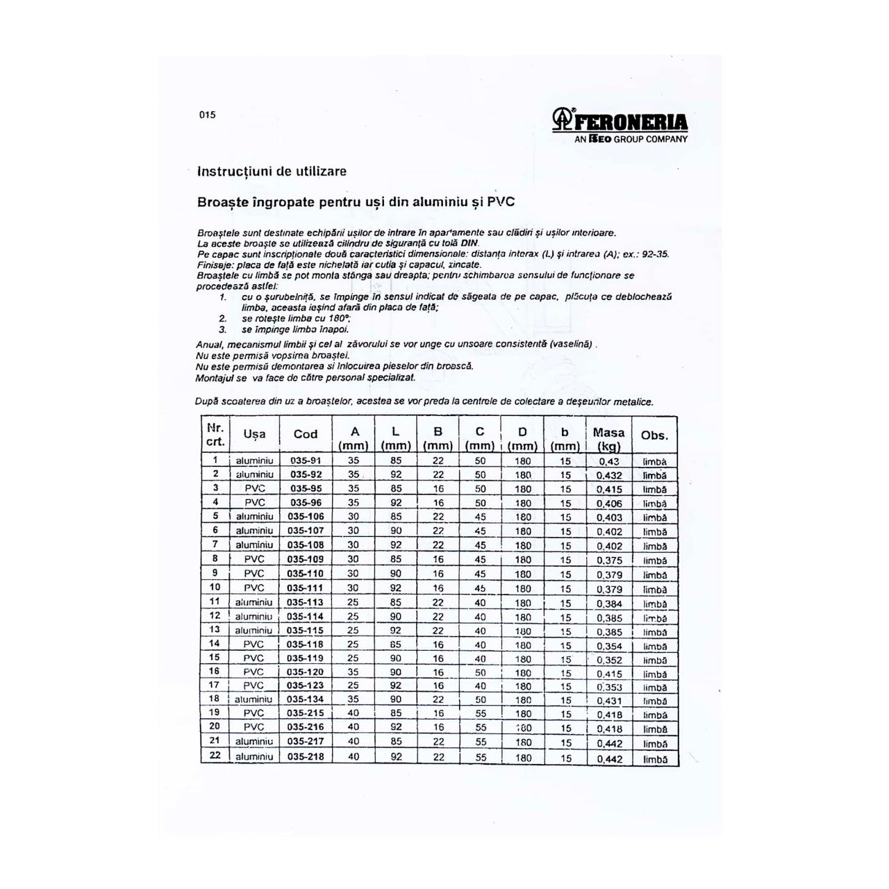 Broasca AL Y 35/90/22D/240 NI+ZA FER+T122 (I20) pentru usi si ferestre