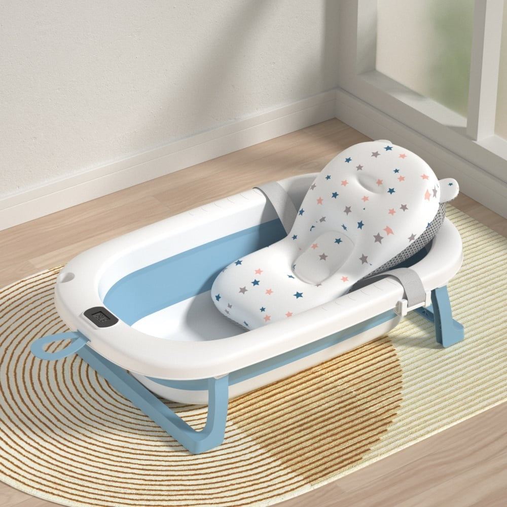 Cadita pliabila pentru bebelusi, cu termometru digital, dop de scurgere, picioare anti-alunecare, design ergonomic, fara BPA, alb/albastru