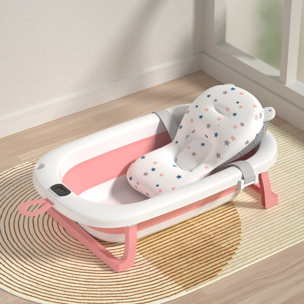 Cadita pliabila pentru bebelusi, cu termometru digital, dop de scurgere, picioare anti-alunecare, design ergonomic, fara BPA, alb/roz