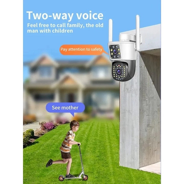 Camera de supraveghere dubla, WIFI, 4G, Full HD, cu alarma integrata, detectare umana, de exterior, rezistenta la apa, recunoastere amprentei, audio bidirectional, alb/negru