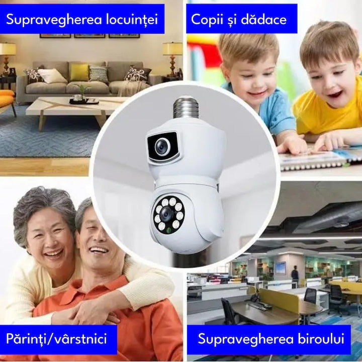 Camera de supraveghere tip bec, WiFi, dubla, 360° panoramic, alarma, vedere nocturna, port microSD, detectare a miscarii, alb