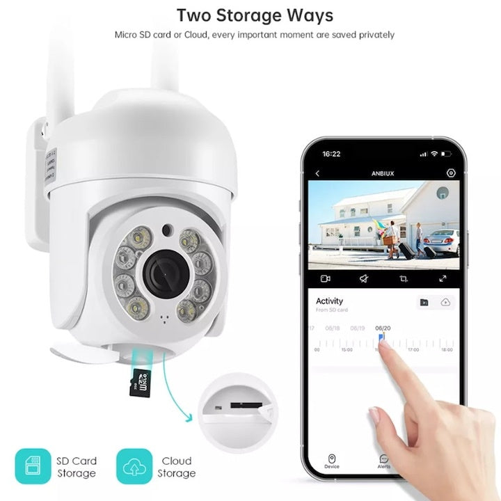 Camera de supraveghere WIFI, FULL HD, conectare telefon, night vision color, alarma, rezistenta la apa, alb