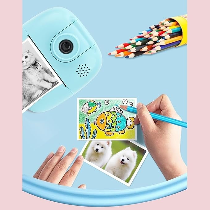 Camera foto digitala pentru copii, cu mini imprimanta termica, imprimare instantanee, portabil, baterie incorporata, albastru