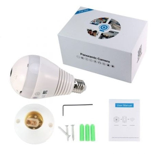 Camera supraveghere panoramica IP wireless bulb 360 grade Fisheye 1080p cu sd card, audio, microfon si alarma