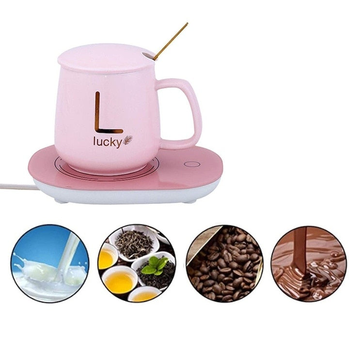 Cana de cafea din ceramica, cu suport incalzitor, incarcare USB, cu buton pentru controlul temperaturii, cu lingurita inclusa, roz