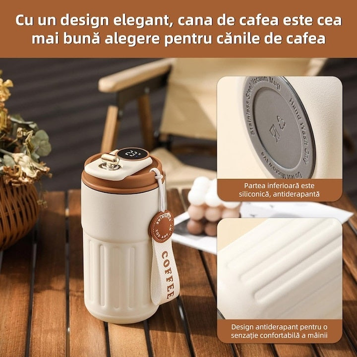 Cana termica, cu afisaj LED, control temperatura, pentru bauturi fierbinti sau reci, din otel inoxidabil, capacitate 450ml, maro