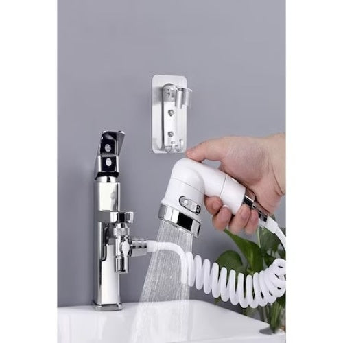 Cap de dus multifunctional, din inox, flexibil, cu fixare la bateria chiuvetei, prindere pe perete, argintiu