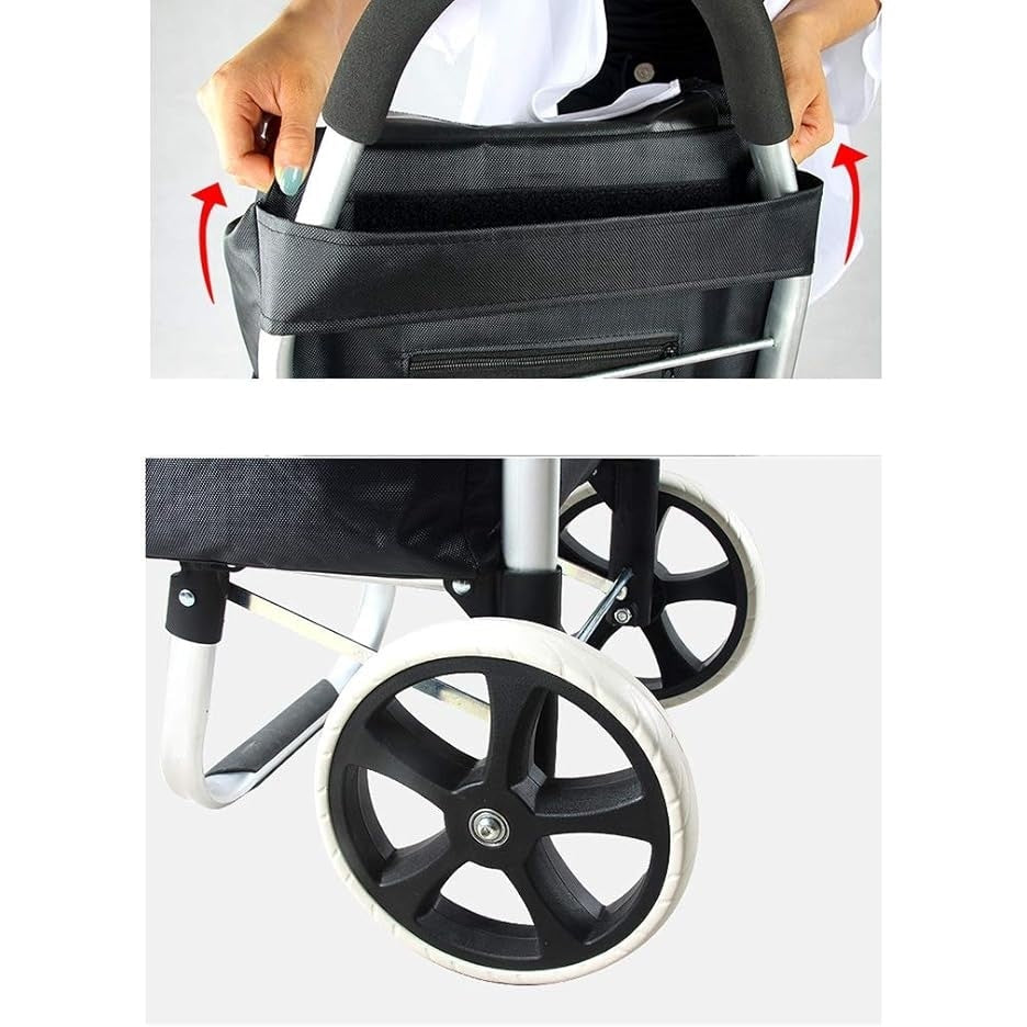 Carucior pentru cumparaturi, cu cadru din metal, 2 roti mari, pliabil, pentru maxim 25 kg, cu 2 buzunare laterale, negru