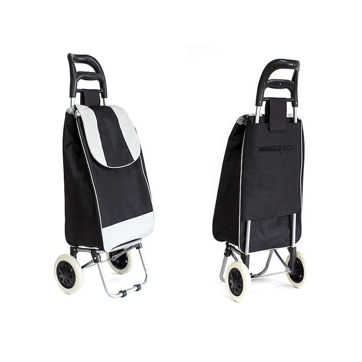 Carucior pentru cumparaturi, cu doua roti din plastic, cadru metalic, margine de sprijin, negru