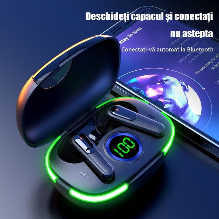 Casti bluetooth, cu afisaj LED si calitate audio superiora, sunet clar, lumina pentru respiratie, asistent vocal, autonomie mare a bateriei, negru
