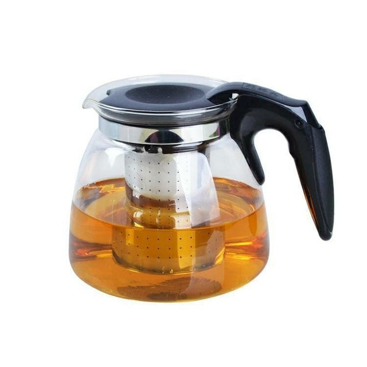 Ceainic cu infuzor, din sticla termorezistenta, capacitate 1, 1L, cu maner rece, diametru 13, 5 cm, negru