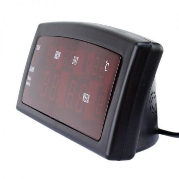 Ceas de masa, cu LED rosu, din PVC, cu alarma, calendar si temperatura, alimentare la retea, dimensiuni 19 x 8 x 7.5 cm, negru/rosu