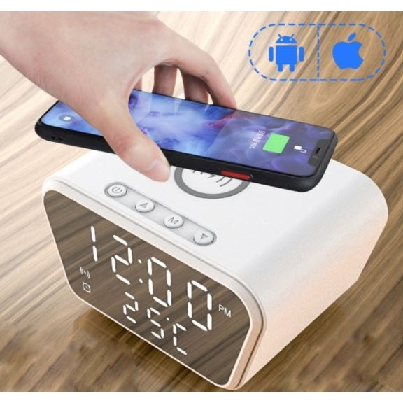 Ceas de masa, cu suprafata de incarcare a dispozitivelor WI-FI, monitorizare temperaturii, afisare a timpului, alarma, din PVC, alb